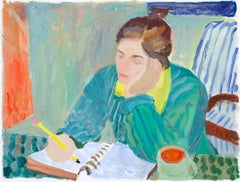 "Journaling" figuratives Ölgemälde einer Frau, die in ein Notizbuch schreibt, signiert, gerahmt