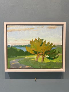 "Atardecer de junio" pintura al óleo, paisaje iluminado por el sol con árbol, una vista del agua, enmarcado