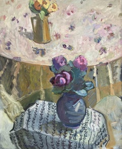 "Kale Flowers" contemporary still life painting, oil, stylized bonnard-esque