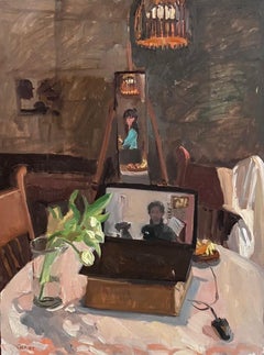 "Larga distancia" Pintura al óleo postmoderna, dos personas hablando por ordenador