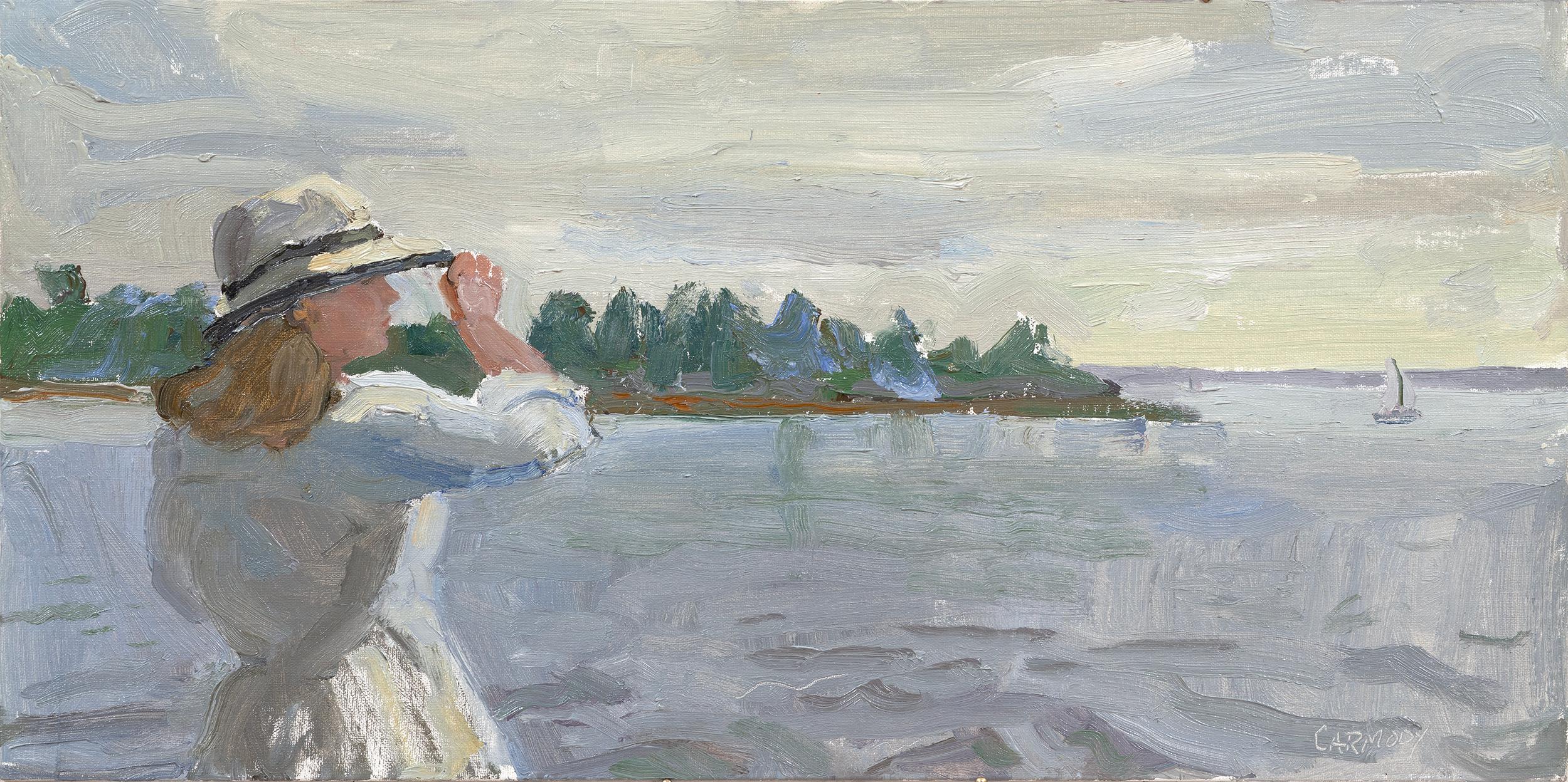 Kelly Carmody Landscape Painting – "Looking Out" - Zeitgenössische Seelandschaft mit junger Frau in Weiß