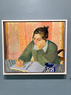 "Morning Notes" Oil Painting, Figurative, Woman Writing, signed, Framed 21x25in