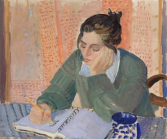 "Morning Notes" pittura ad olio - composizione figurativa, donna che scrive su un diario