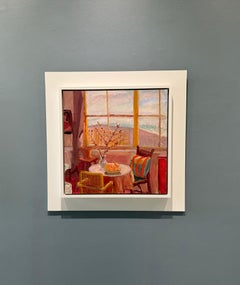 "New Year's Interior" bright still life with a view in red and pink hues