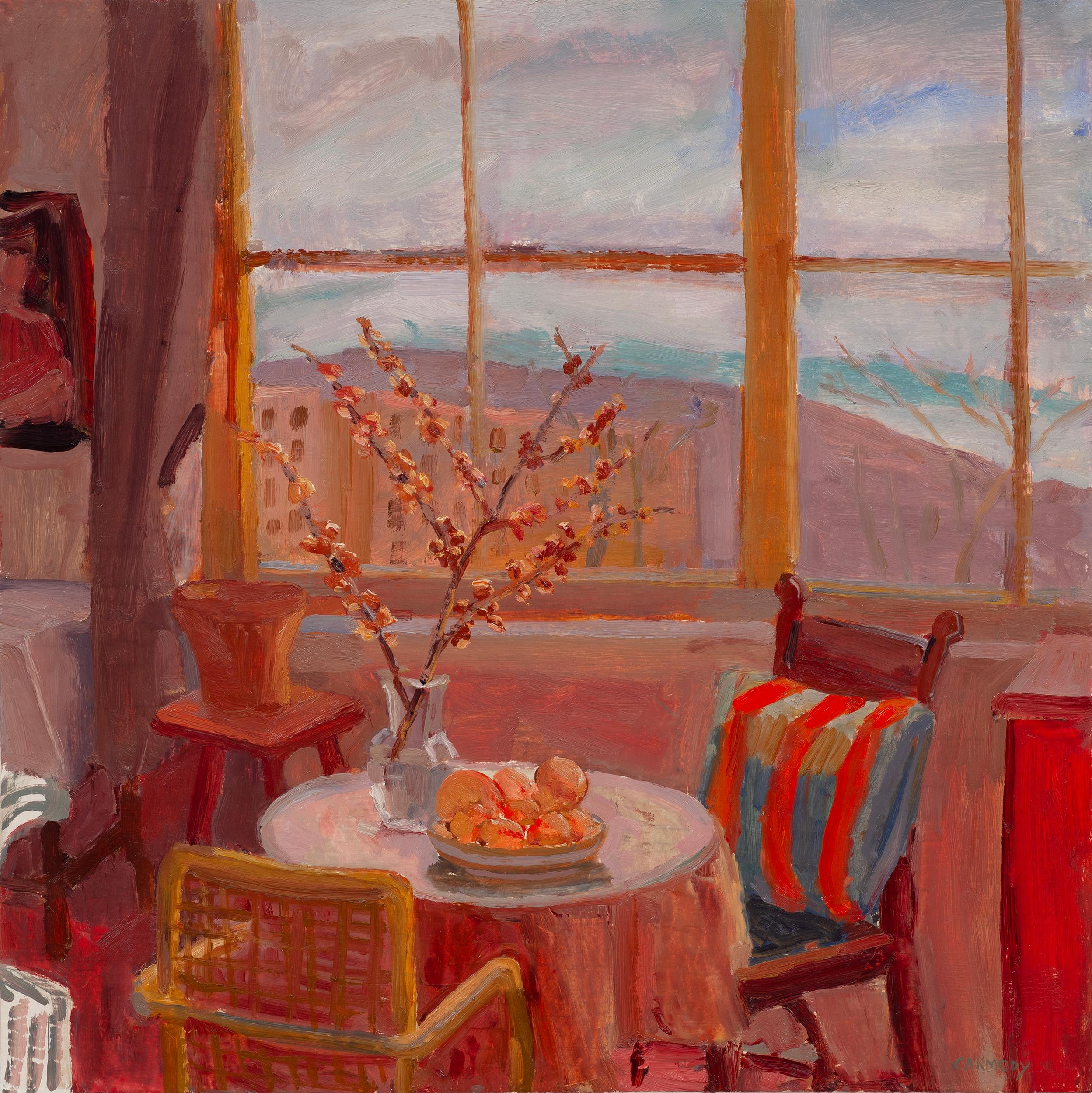Kelly Carmody Still-Life Painting - "New Year's Interior" bright still life with a view in red and pink hues
