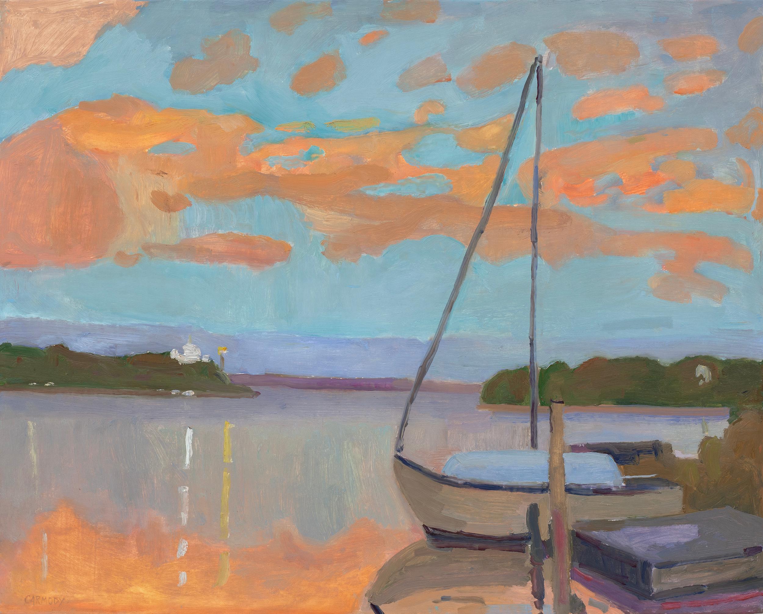 Abstract Painting Kelly Carmody - "Orange Clouds" Paysage marin contemporain américain avec voilier, soirée.