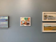 "Orange Dog" American Modern oil painting of man sitting with two dogs