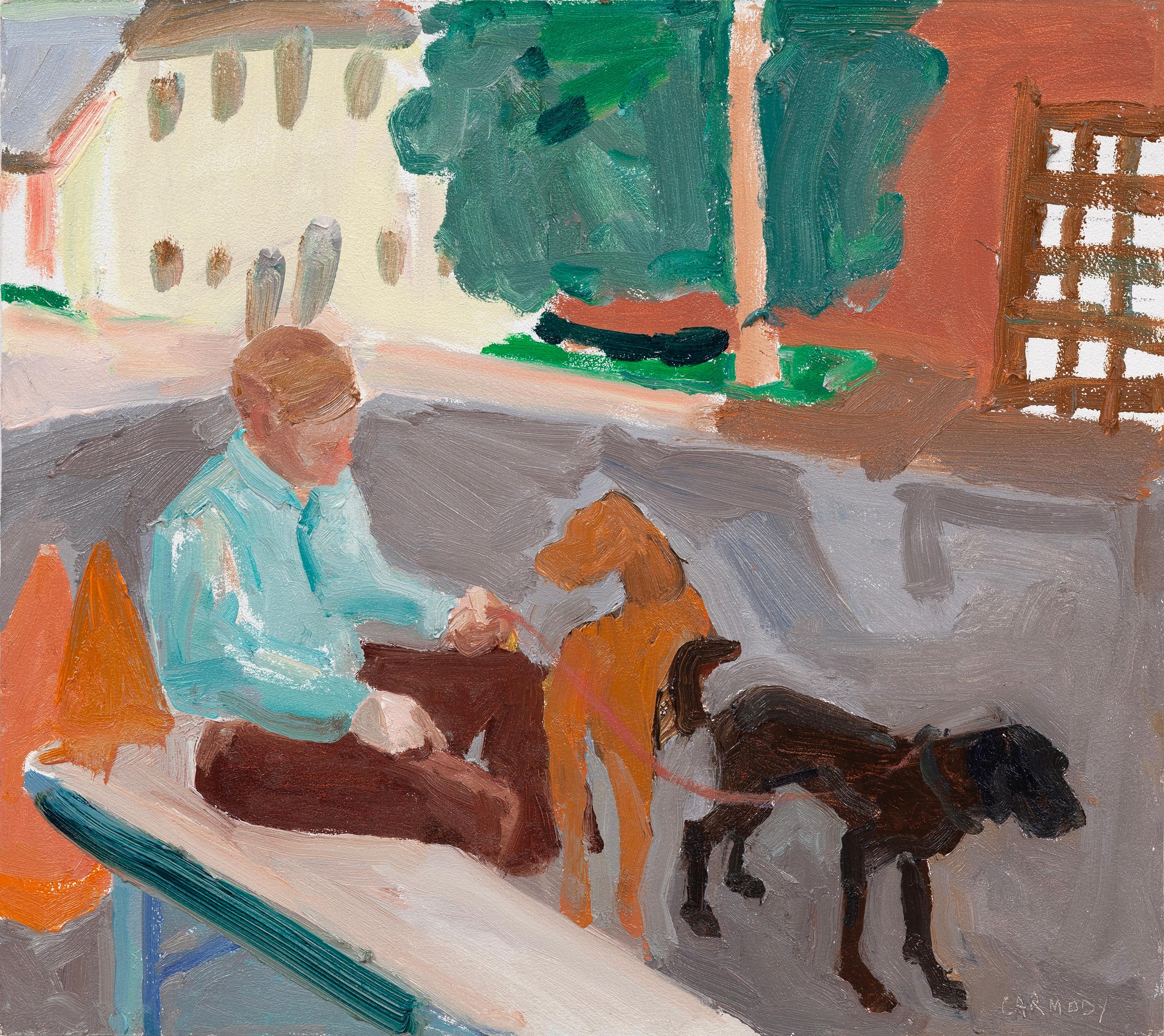 "Perro naranja" Pintura al óleo moderna americana de hombre sentado con dos perros