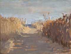 "Sentiero per la spiaggia" dipinto ad olio di dune con paesaggio acquatico, Long Island