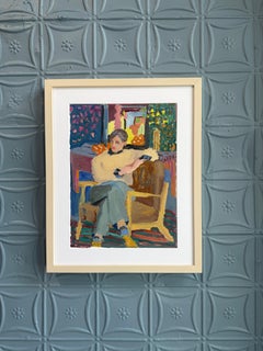 "Patterns" portrait of a woman, in maximalist room, colorful eclectic design