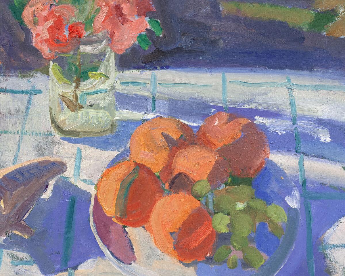 Kelly Carmody Still-Life Painting - "Peaches in the Sun" oil painting, still life, fruit, summer light, cool tones