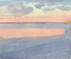 "Pink Reflection" paysage marin contemporain de rêve en bleu et rose.