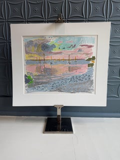 "Pink reflection, pastel" seascape painting of boats in the harbor at sunset