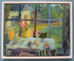 "Patrones de porche" pintura al óleo en color, acogedor interior con ventanas enmarcadas