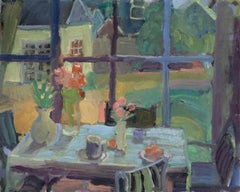 "Porch Patterns" colorful oil painting, inviting interior w paned windows framed