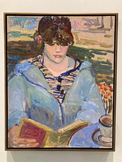 "Reading" contemporary oil painting of woman with book, painterly stylized
