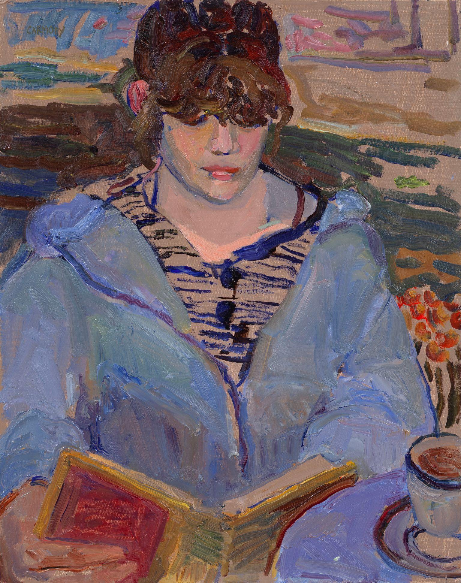 "Reading" contemporary oil painting of woman with book, painterly stylized