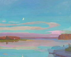 "Lune montante" paysage marin impressionniste contemporain serein en bleu et violet. 
