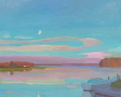 "Rising Moon" serene contemporary impressionist seascape in blue and purple