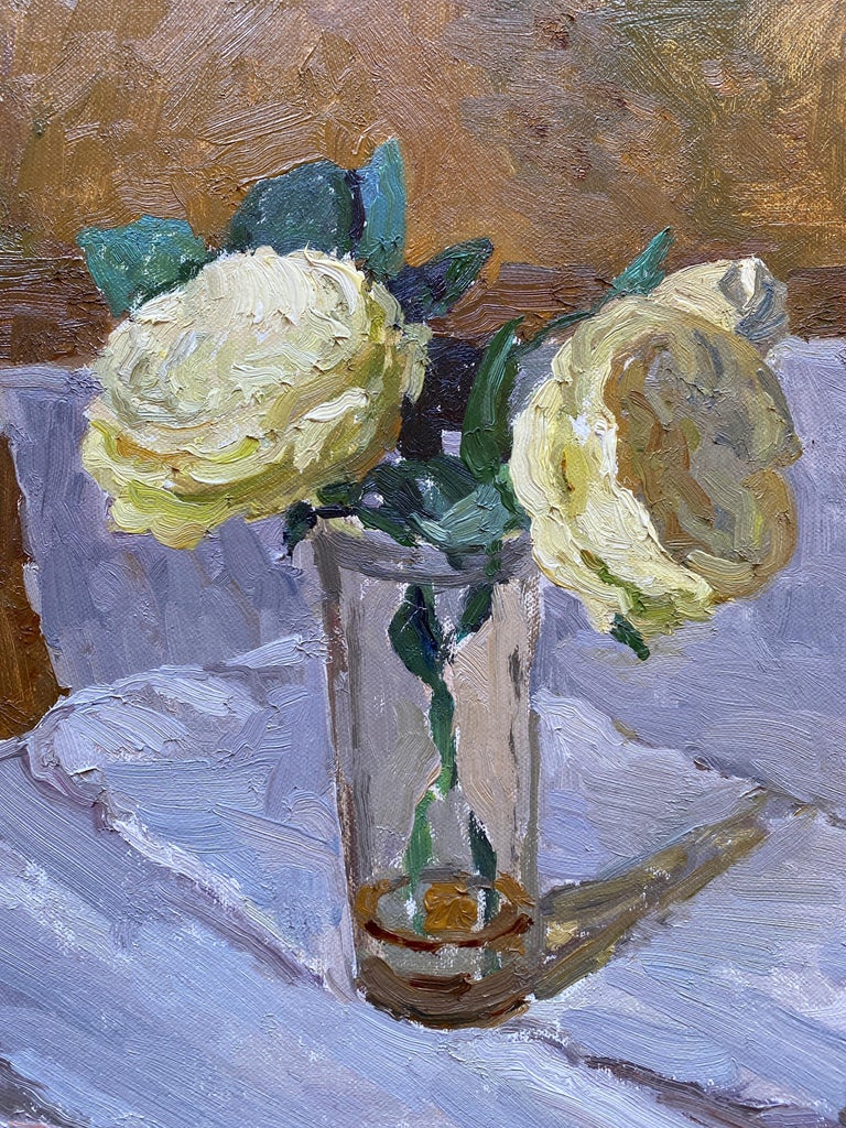 A Still life painting of white roses on a table. Neutral colors give off a rustic sensibility. 

Framed in a neutral wood floating frame.

Framed dimensions: 12.5 x 10.5 inches
Painting dimensions: 12 x 10 inches

Kelly Carmody has exhibited at