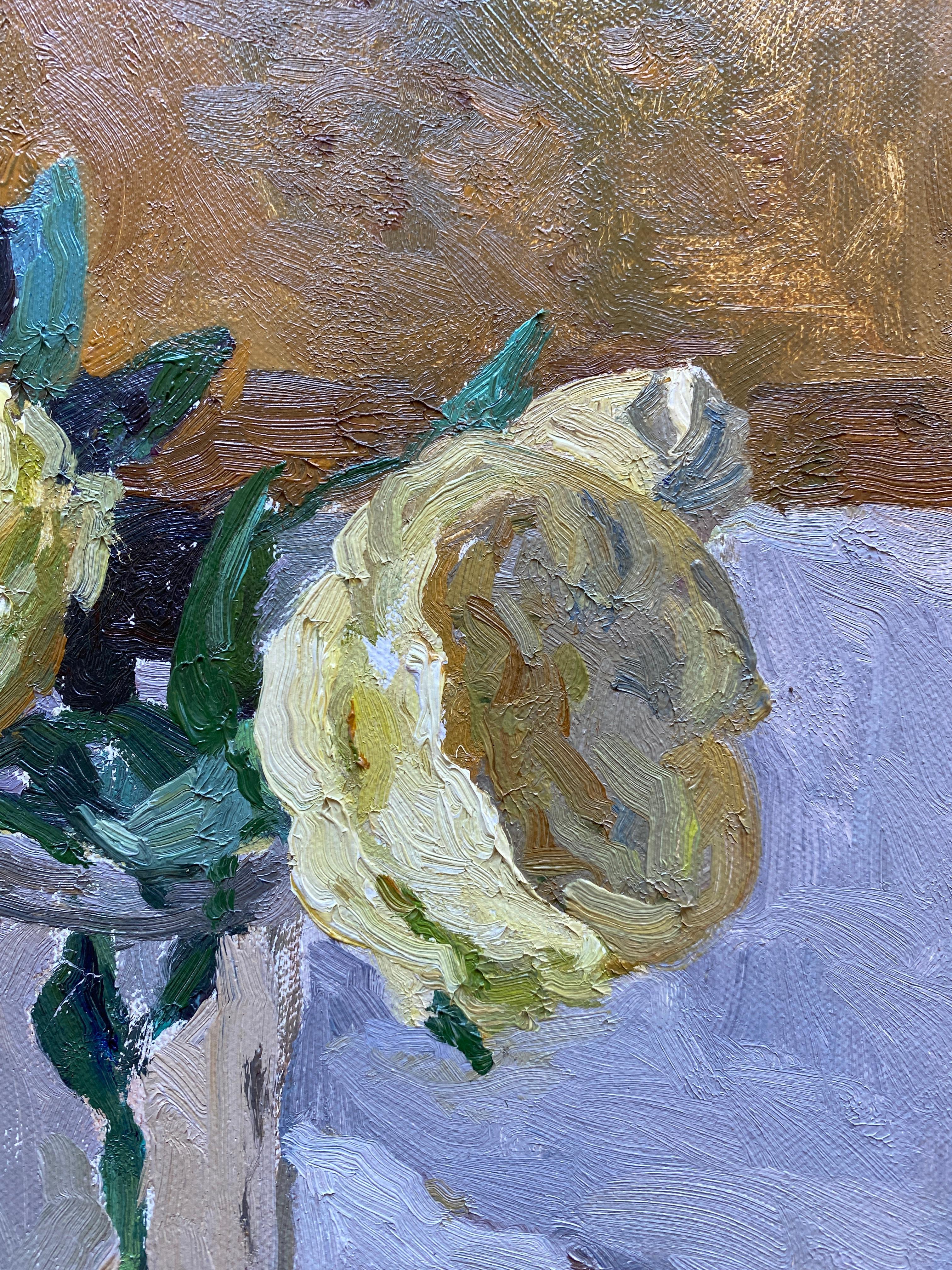 A Still life painting of white roses on a table. Neutral colors give off a rustic sensibility. 

Framed in a neutral wood floating frame.

Framed dimensions: 12.5 x 10.5 inches
Painting dimensions: 12 x 10 inches

Kelly Carmody has exhibited at