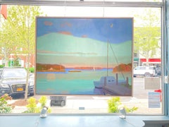 "Shelter Island Evening" oil painting, blue and green seascape, signed & framed