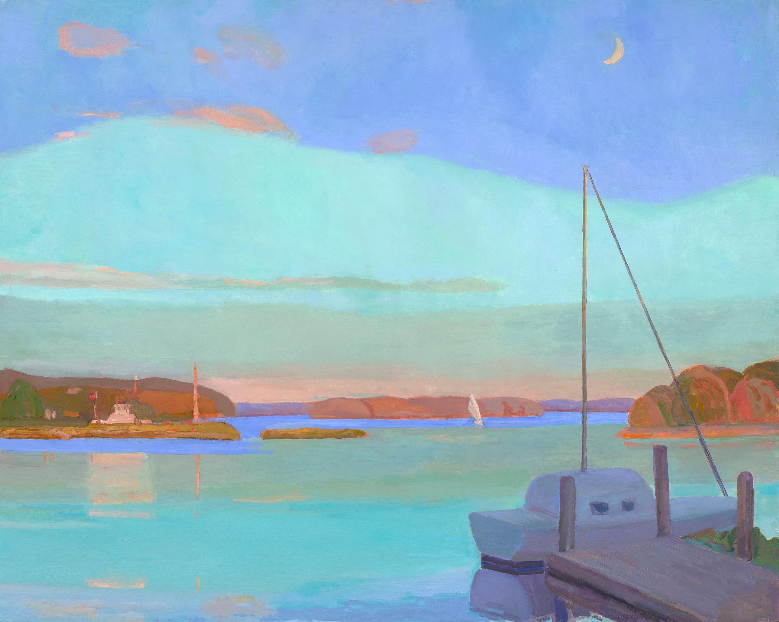 Kelly Carmody Landscape Painting - "Shelter Island Evening" blue and green seascape of a harbor - oil painting