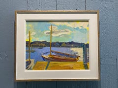 „Shelter Island Yacht Club“ – Ölgemälde, impressionistische Segelboote in Ruhe in der Sonne