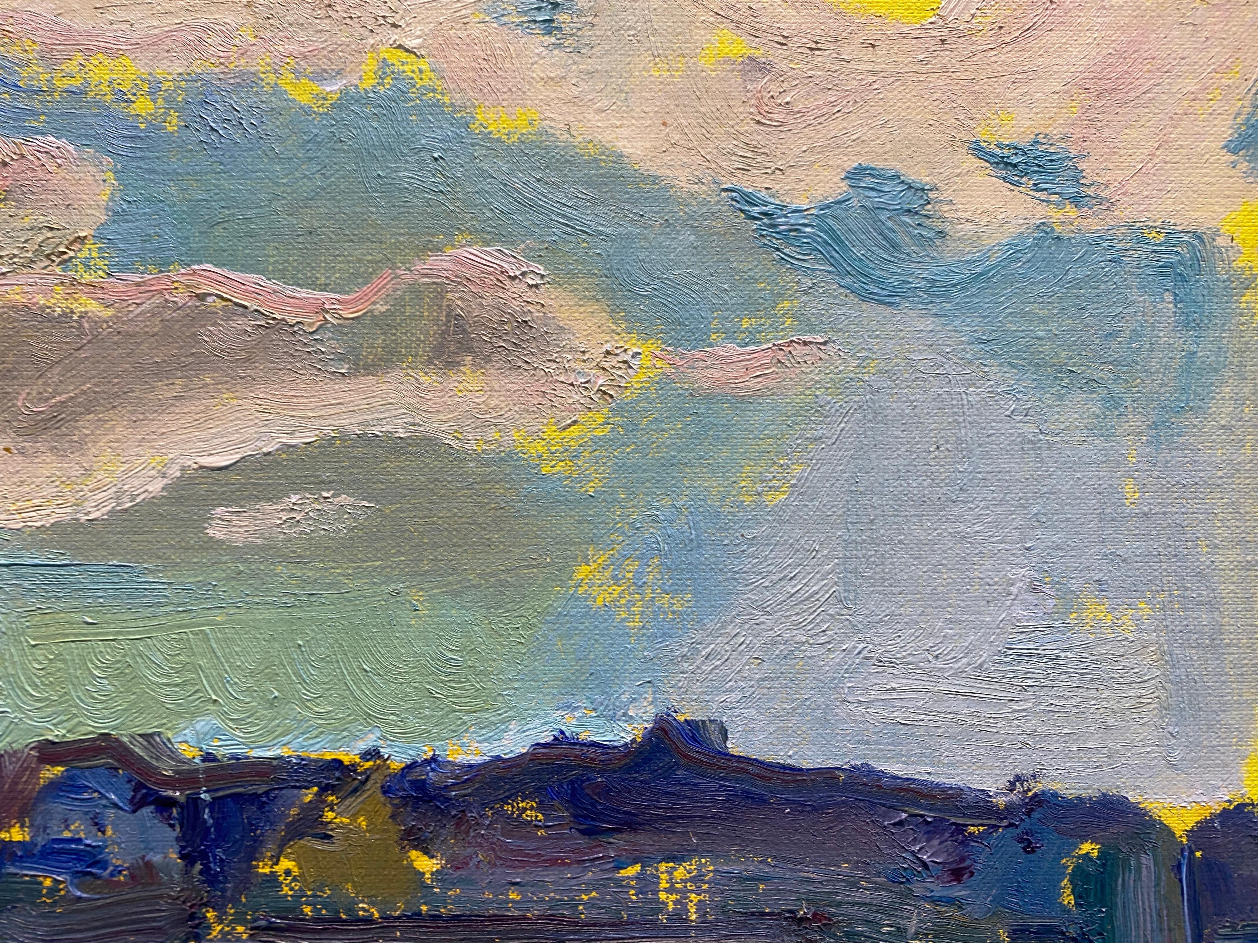 “Shelter Island Yacht Club” is an oil painting by Kelly Carmody. It depicts sailboats at rest alongside a dock in full sun. A yellow under-tone peeks through, creating an overall warmth throughout the composition. The bright sun is acknowledged in