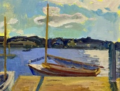 "Shelter Island Yacht Club"- Oil painting, impressionis sailboats at rest in sun