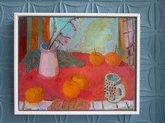 "Spring Starts" vibrant still life with warm hues and oranges, pinks and blues