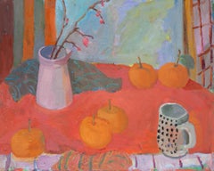 "Spring Starts" vibrant still life with warm hues and oranges, pinks and blues
