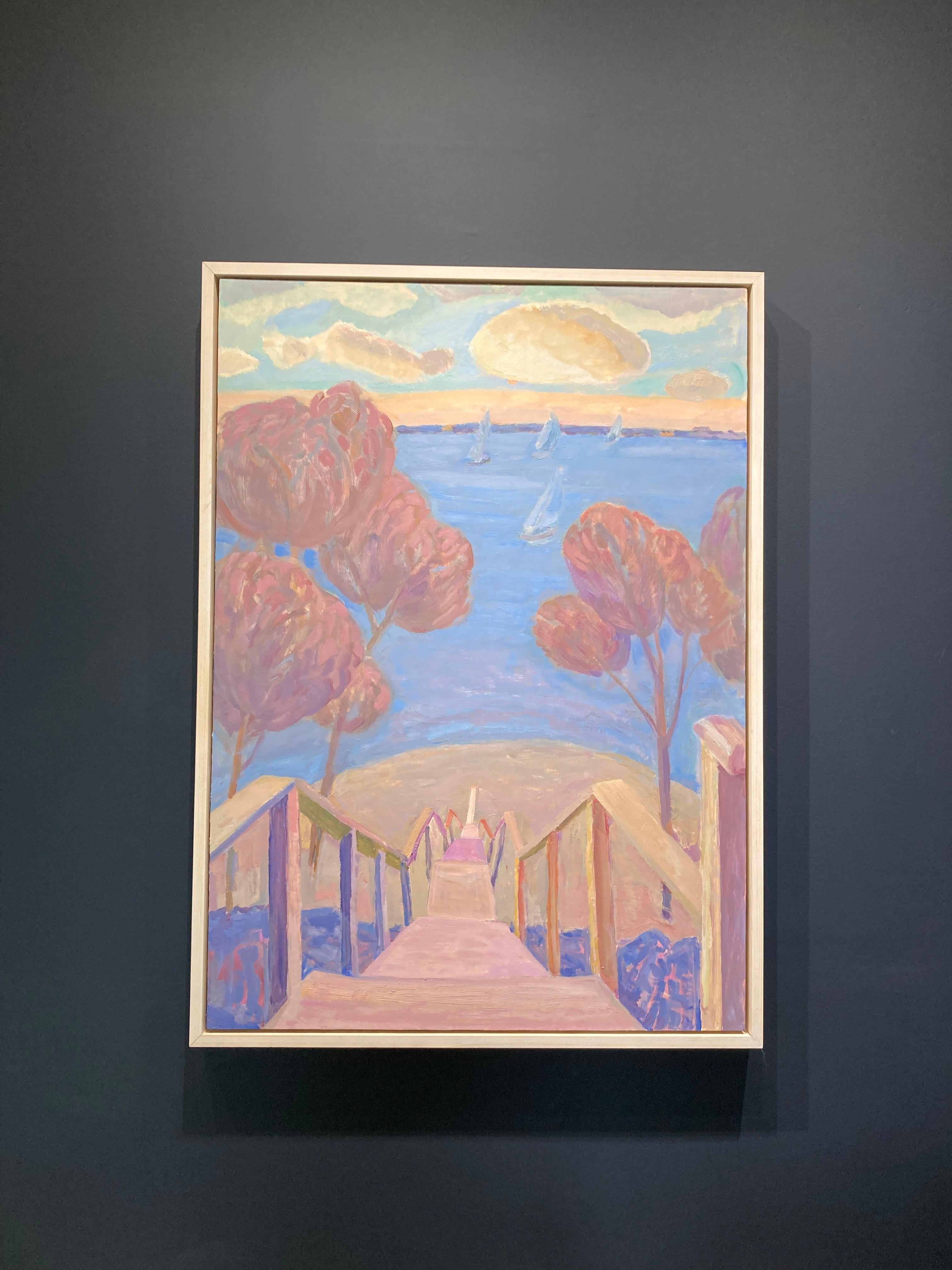 « Stairs, Shelter Island », paysage violet et rose d'escaliers jusqu'à la plage - Painting de Kelly Carmody