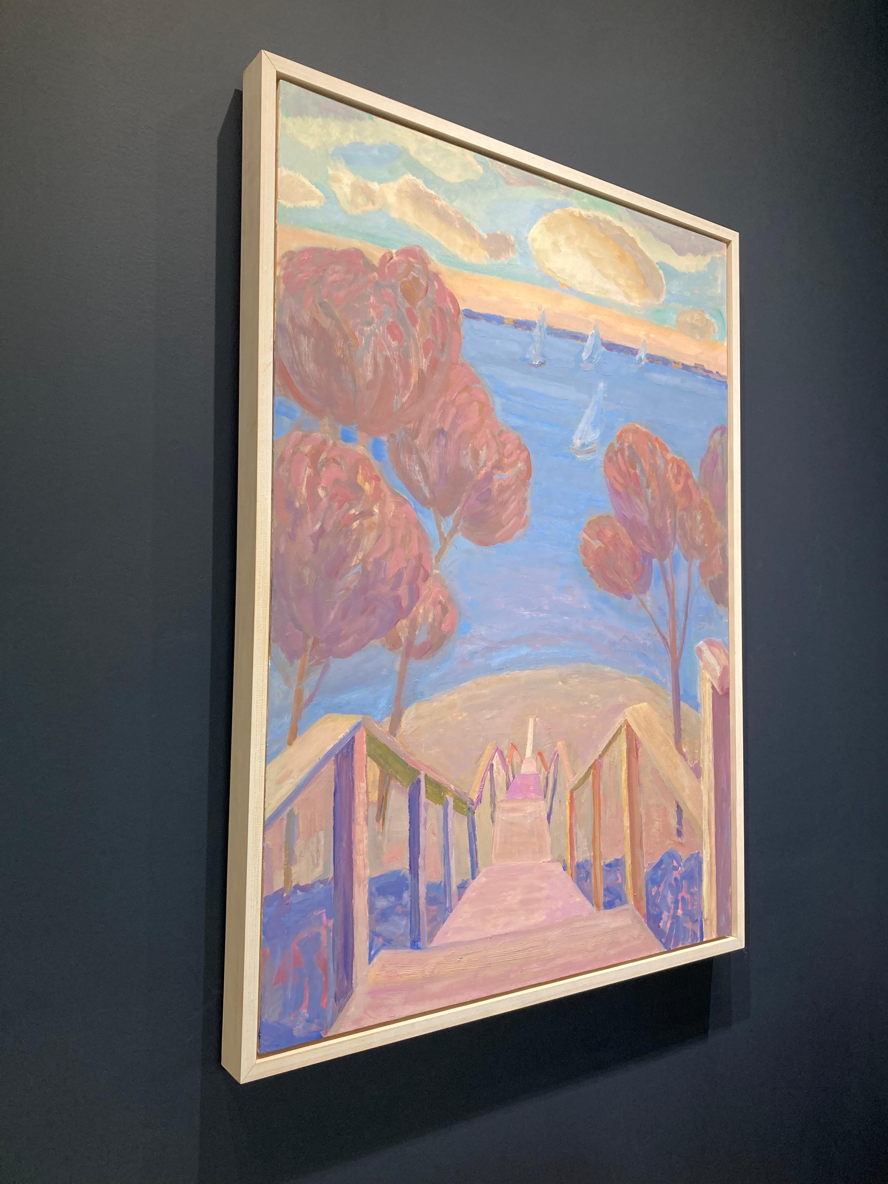 « Stairs, Shelter Island », paysage violet et rose d'escaliers jusqu'à la plage - Modernisme américain Painting par Kelly Carmody