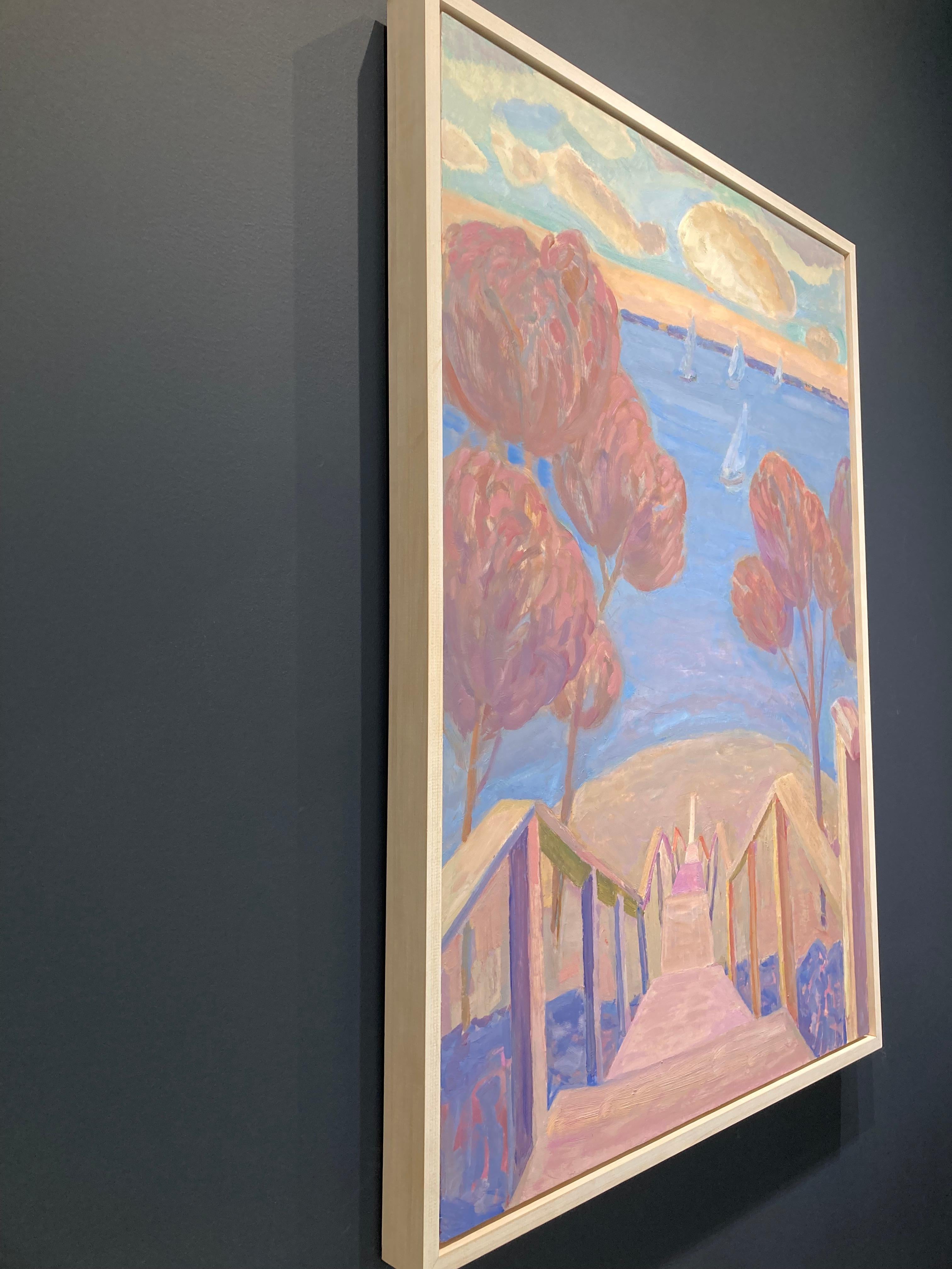 « Stairs, Shelter Island », paysage violet et rose d'escaliers jusqu'à la plage - Gris Abstract Painting par Kelly Carmody