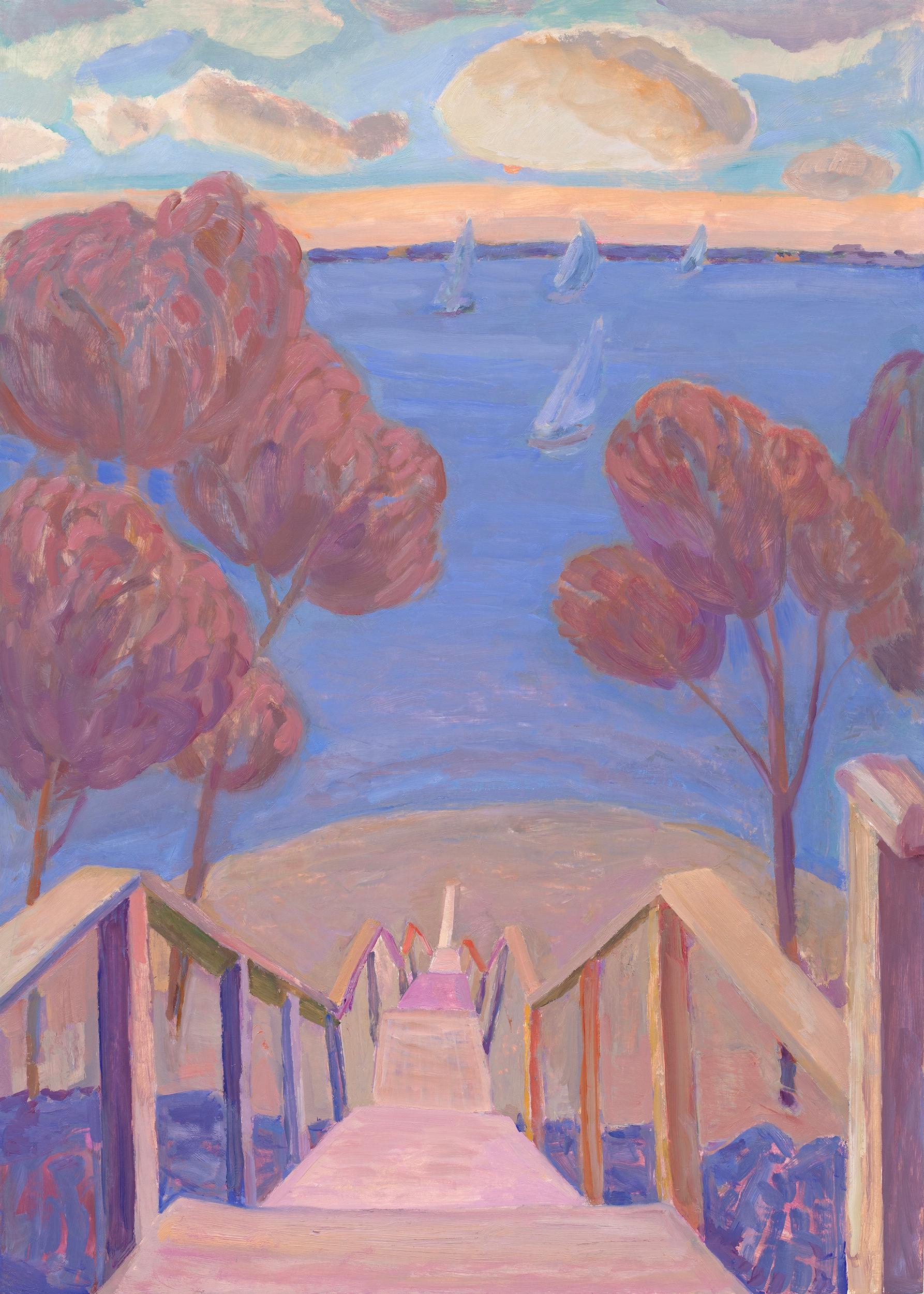 Kelly Carmody Abstract Painting - "Stairs, Shelter Island" purple and pink landscape of stairs down to the beach