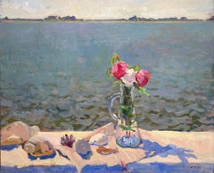 "Still Life on the Sound" oil painting, flowers in the sun, signed and framed