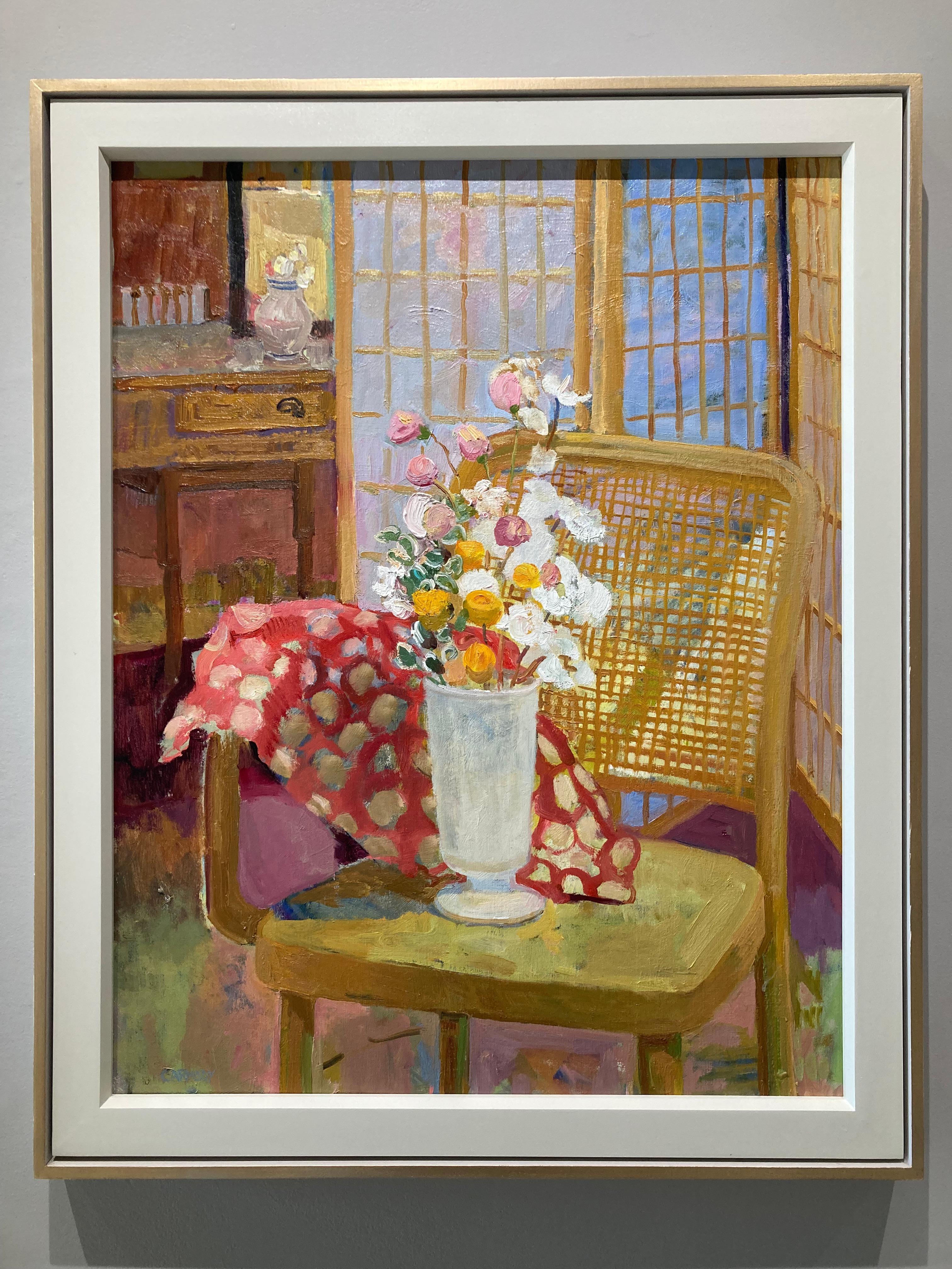 Still Life with Polka Dots - contemporary bright flower composition  - Painting by Kelly Carmody