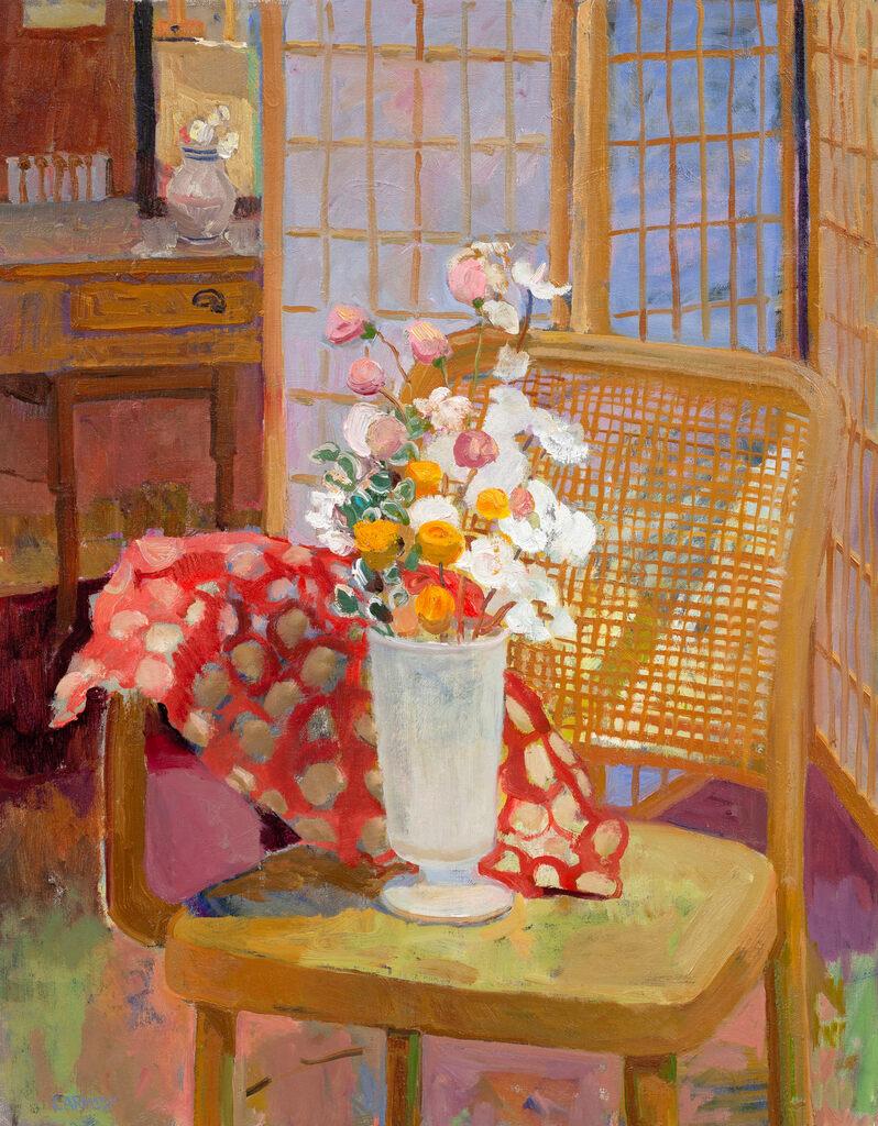 Kelly Carmody Interior Painting - Still Life with Polka Dots - contemporary bright flower composition 