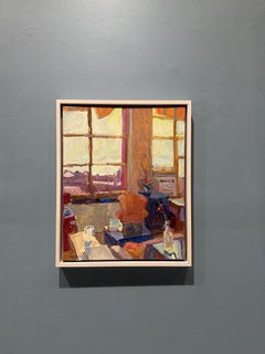 "Studio, South Light" Impressionistic oil painting, art studio with window view