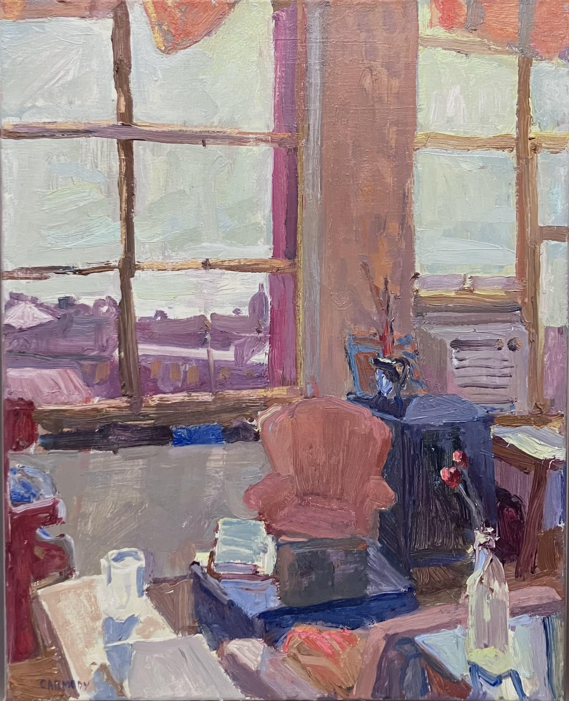 "Estudio, Luz del Sur" Pintura al óleo impresionista, estudio de arte con vista a la ventana