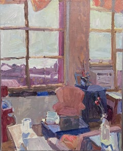 "Studio, South Light", peinture à l'huile impressionniste, studio d'art avec vue sur la fenêtre