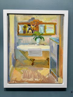 "Summer Tub" Oil Painting, Impressionist Interior, bright tones, Signed, Framed