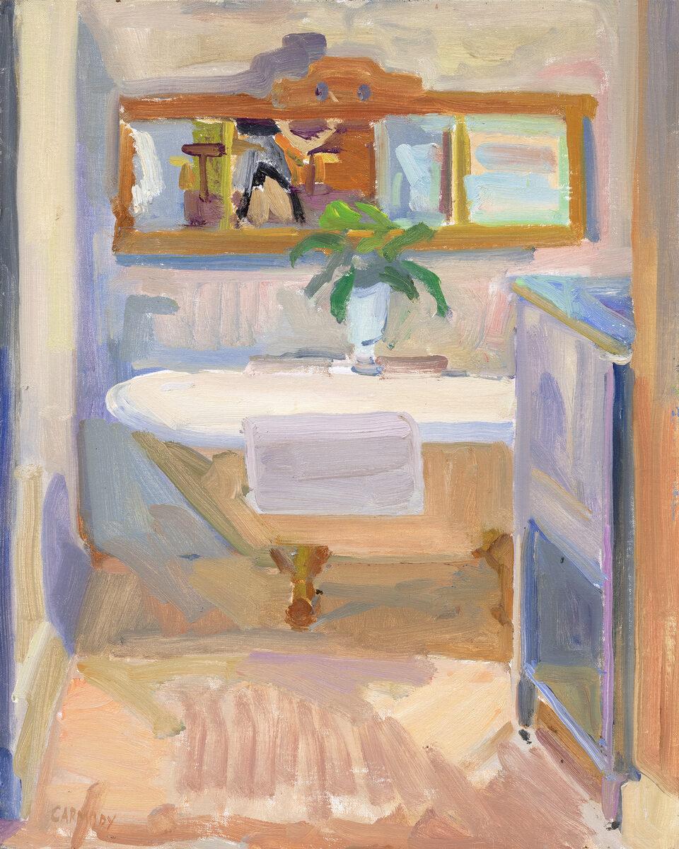 Interior Painting di Kelly Carmody - "Vasca d'estate", dipinto a olio, interno impressionista di una classica vasca da bagno con piedi a zampa d'asino