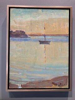 "The Lone Boat" oil painting, contemporary seascape, 16 x 12in signed and framed