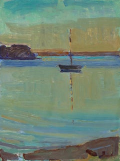 "The Lone Boat" (Das einsame Boot), zeitgenössische Seelandschaft und Segelboot mit Grün- und Blautönen