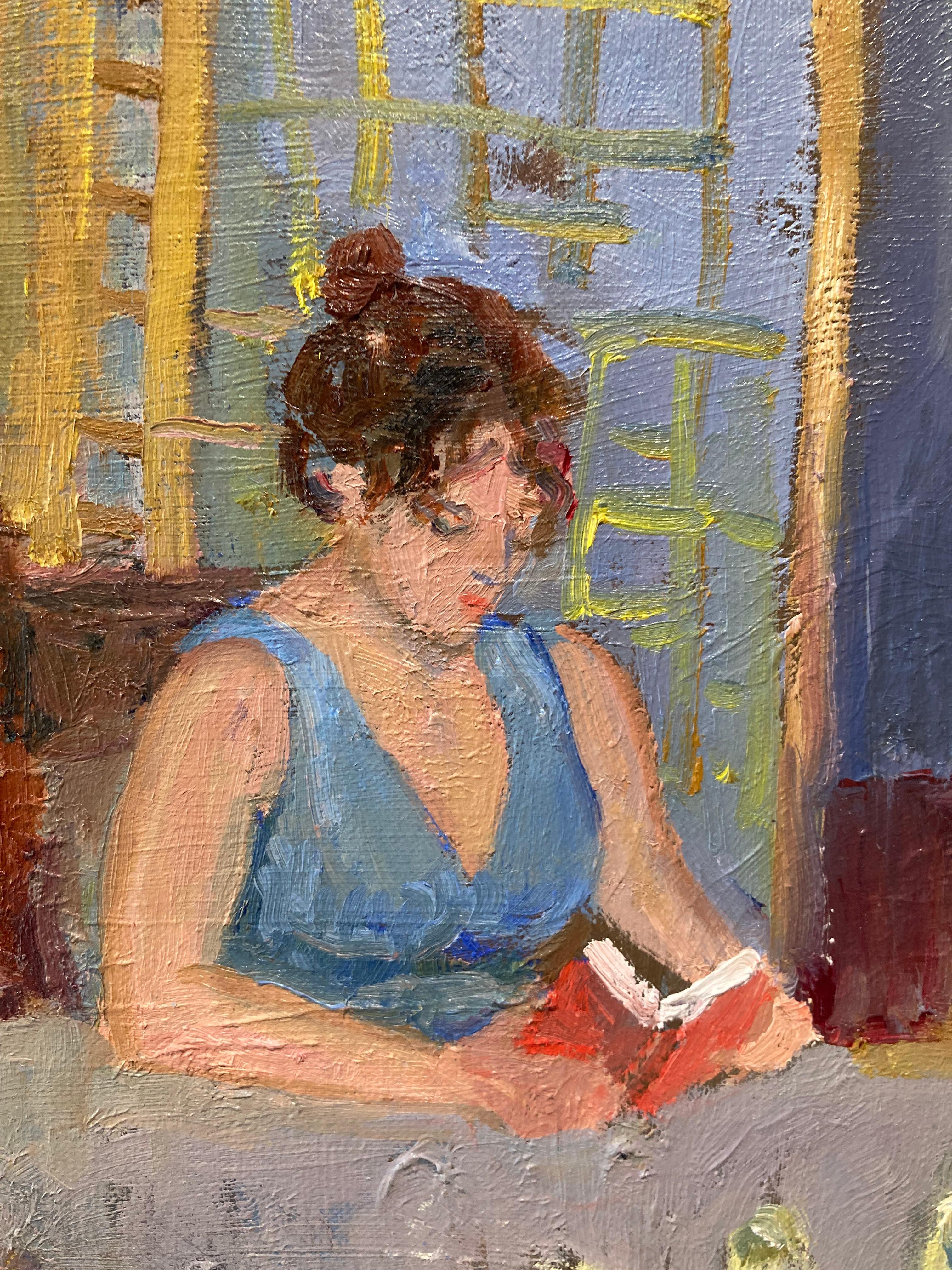 Carmody composes a dynamic interior scene in this depiction of a girl reading at her table. Carmody, trained as a realist, now works in a more free, impressionistic style. Her impressionist influence is visible in the high viewpoint, shortening the