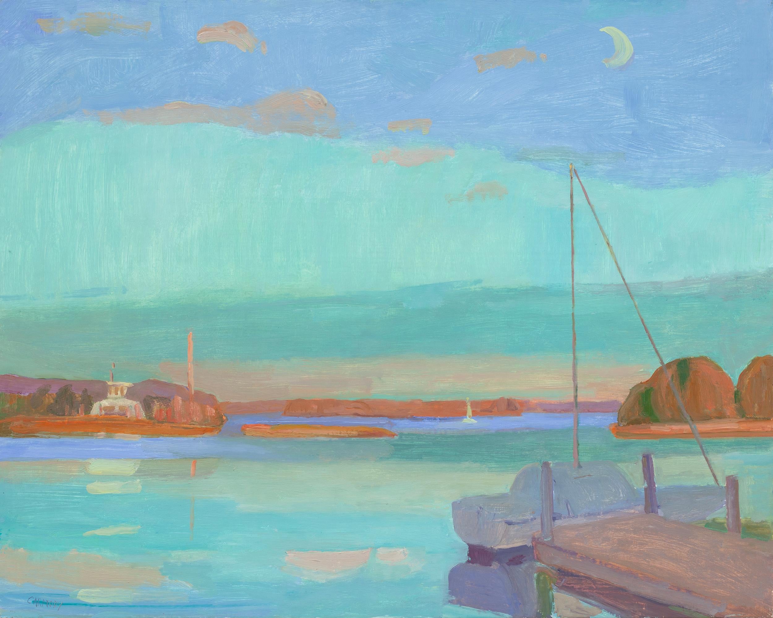 Kelly Carmody Abstract Painting - "View from Shelter Island" contemporary landscape of harbor in shades of blue