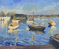 "Vista desde el muelle de Cedar Ave" Pintura al óleo, paisaje marino impresionista con barcos