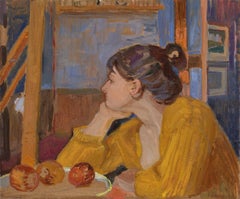 "Maglione giallo" Quadro a olio di donna a suo agio nello studio, con un piatto di pesche